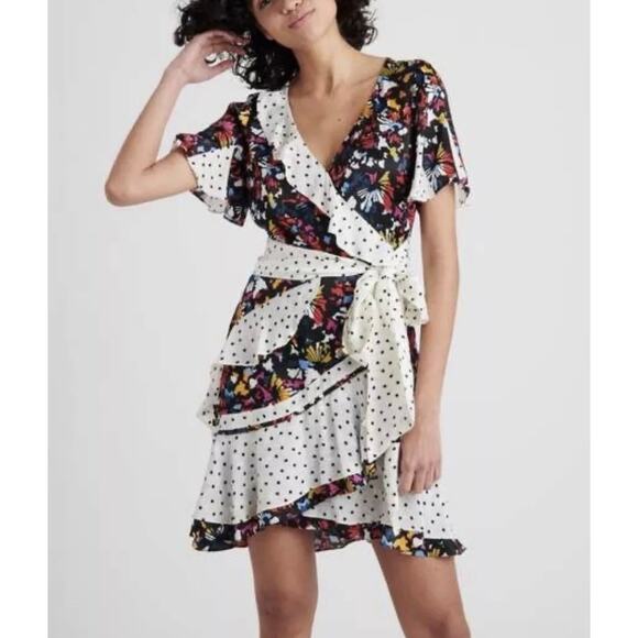 Tanya Taylor Dresses & Skirts - TANYA TAYLOR Bianka Combo Silk Wrap Dress Womens 8 Floral Polka Dot Ruffle Wrap